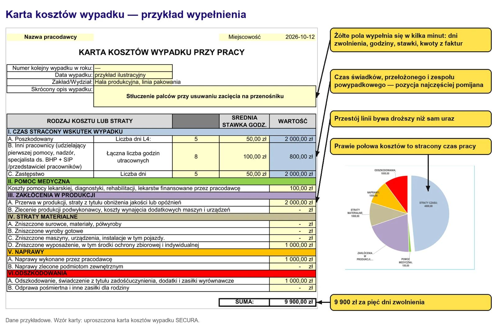 Karta kosztów wypadku wypełniona danymi przykładowymi.
