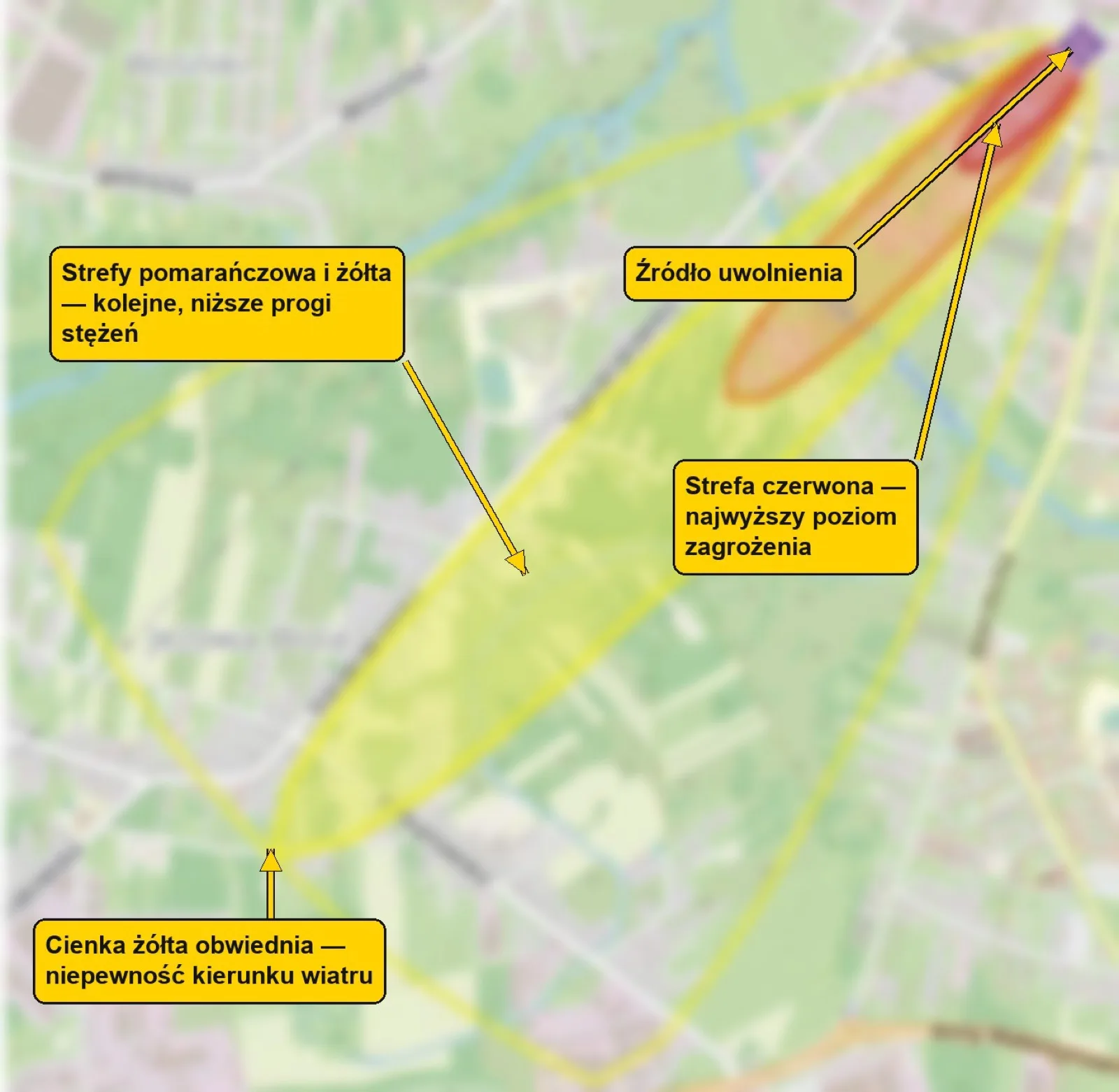 Mapa zasięgu skutków awarii przemysłowej. Nazwy ulic i miejscowości celowo rozmyte.